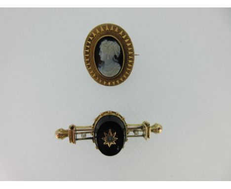 A Victorian sardonyx cameo together with an onyx and seed pearl brooch, the hardstone cameo depicting a girl's profile with o