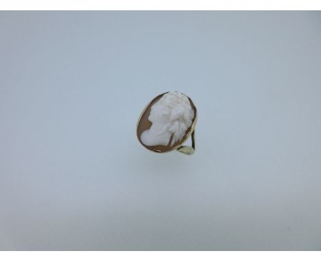 A cameo ring depicting the head of a classical Bacchante, the shell cameo of the young woman, a follower of Bacchus (god of w