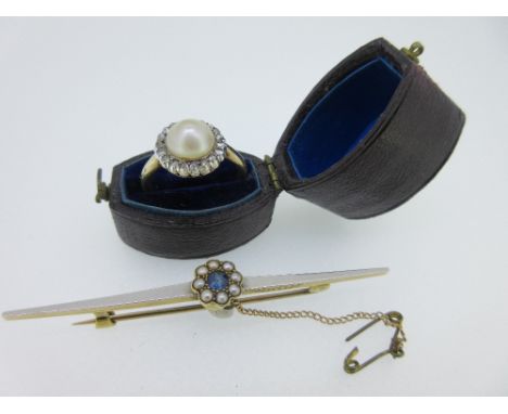 A pearl and diamond ring together with a sapphire and pearl brooch, the ring comprising a central 8mm bouton pearl surrounded