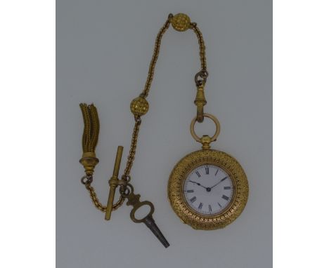 An unsigned continental open faced pocket watch with accompanying Albertina chain, the white dial, 22mm diameter, with black 