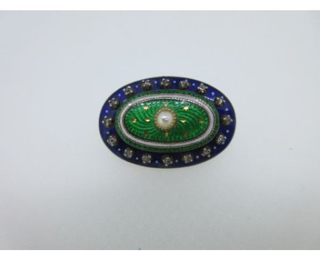An early 19th century diamond, pearl and enamel lace pin, of oval slightly concave form, with a small pearl in the centre of 