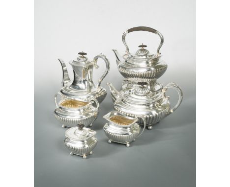 A Victorian silver 6 piece tea and coffee set, by James Dixon &amp; Sons, London &amp; Sheffield 1896/98, the teapot of squat