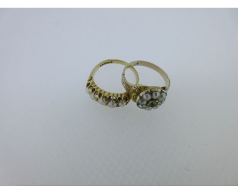 A mid 19th century seed pearl cluster ring together with a five stone pearl ring, the first with a closed back flowerhead set