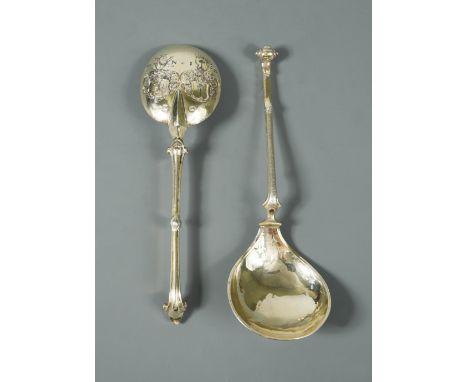 A Dutch metalwares gilded brandy bowl spoon, maker's mark not traced, with Dutch tax mark, the fig shaped bowl engraved to th