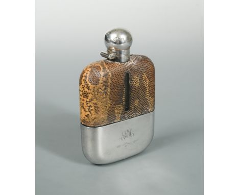 A George V silver and glass hip flask, by George Edward &amp; Sons, Sheffield 1911, with brown snakeskin covering and sight l