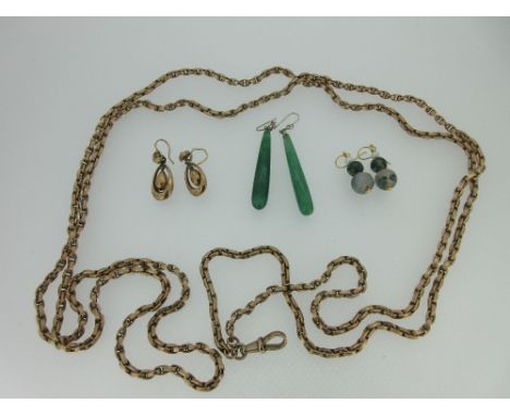 An antique guard chain stamped '9c' and three pairs of earpendants, the rectangular section oval belcher links with a lobster