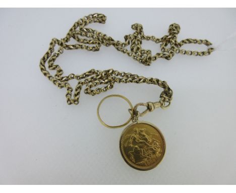 A half guard chain suspending a sovereign and a wedding ring, the unmarked fancy belcher style link chain with both ends perm