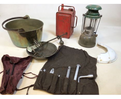 A brass preserve pan together with a Military Tilly lamp, a Valor oil lamp, brass scales and tools 