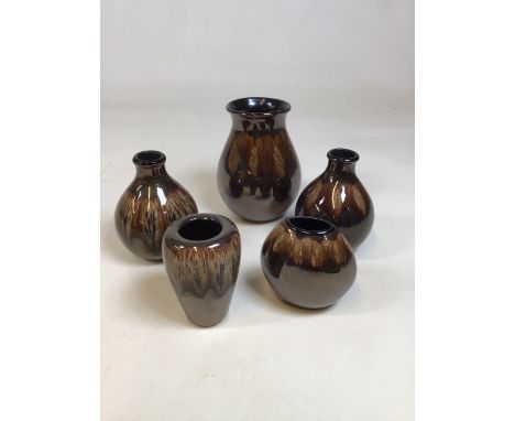 Five Poole Pottery vases in brown lustre glaze H:17cm largest 