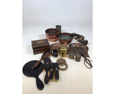 A Liptons tea caddy from the British Empire Exhibition 1926, a brass door knocker and other copper items, a silver monogramme