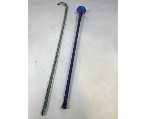 A Victorian coloured Glass twist walking stick with a long blue glass funnel. H:110cm stickH:85cm funnel
