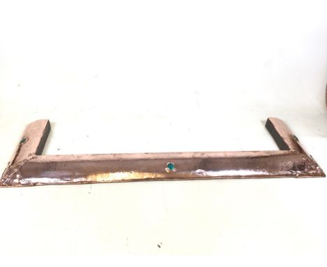 An Arts and Crafts hammered copper fender set with three Ruskin style ceramic rounders W:145cm x D:42cm