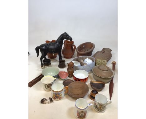 A mixed box of ceramic and glass items including, studio pottery, leather horse, Poole pottery, commemorative mugs, wooden it