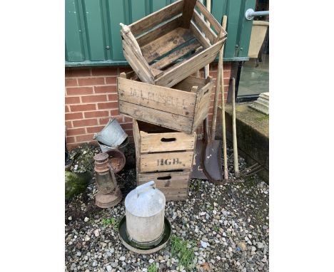Four vintage fruit crates various garden tools with metal buckets etc. 
