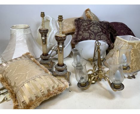 Various lighting, table lamps and shades, chandelier etc also with cushions. Also with circular idled boxes. 