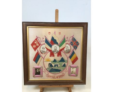 First World War Egyptian silk embroidery dated 1917W:55cm x H:55cm