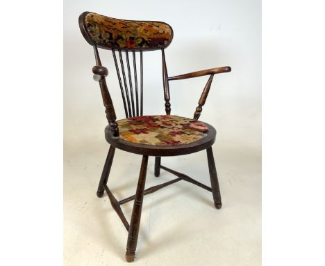 A late 19th century elm seated penny chair, stick back with upholstery fabric seat. Desirable wear to the wood.Seat height H: