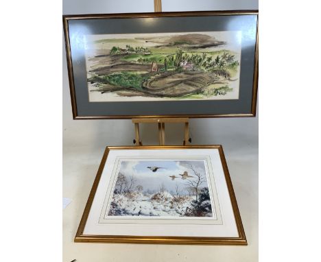 Original watercolour by Goldie Spiller dated 73 of a Caribbean landscape, also with an English country print of pheasants.