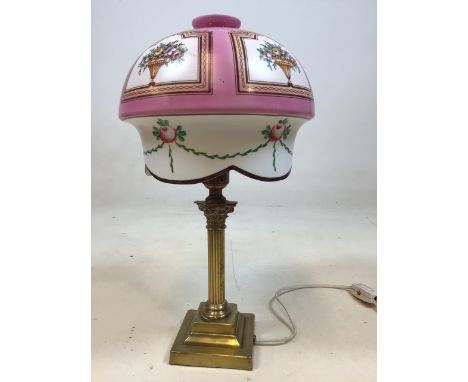 Table lamp with painted opaque glass shade and brass column base H:43cm to top of shade 