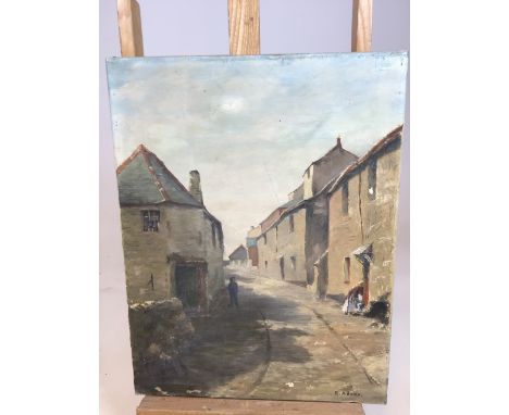 An oil on canvas of a street scene signed lower right R Adams. W:35cm x H:48cm