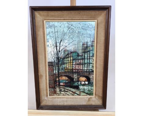 Oil on canvas of a canal and bridge signed Martini(?) also with a print by Claude VerlindeW:109cm x H:49cm