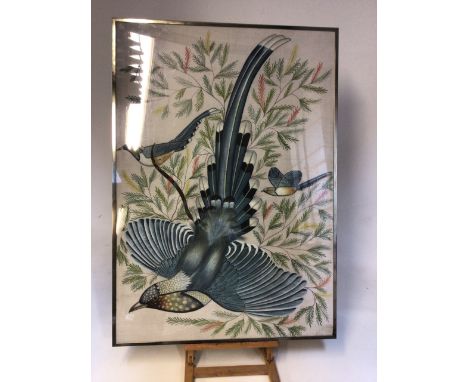 An Oriental hand painted bird on fabric in gouache, with another print W:104cm x H:104cm