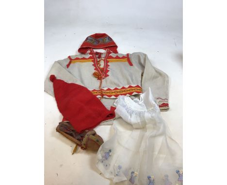 A vintage wool decorative National costume possible Northern European, tunic, belt and hat, also with one shoe, a woollen hat