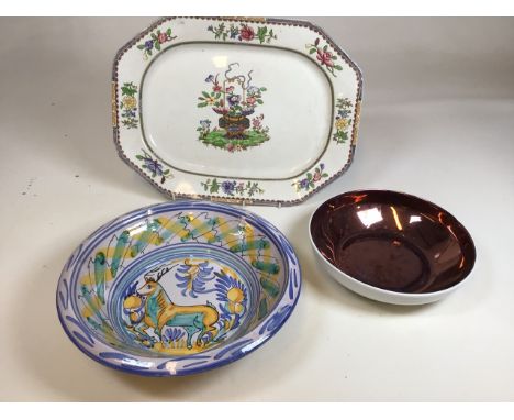 A Copeland late Spode platter  In Old Bow design W:43cm x H:33cm also with a Royal Worcester lustre bowl and a Spanish Majoli