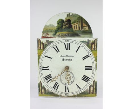 A 19th century longcase clock movement, the 12inch domed painted dial depicting ruins, signed James Mannings, Steyning, the s