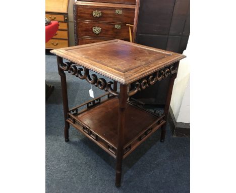A Chinese rosewood side table square panelled top with pierced scroll frieze and gallery undershelf, on shaped legs, 59cm