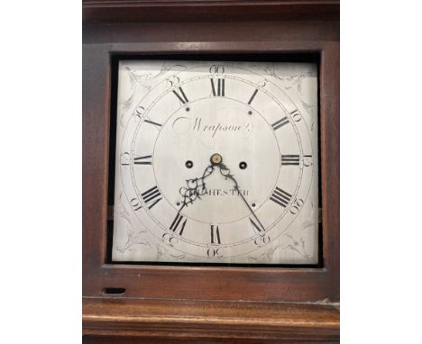 A 19th century oak longcase clock, the square 12inch silverised dial, with engraved spandrels and Roman and Arabic numerals s