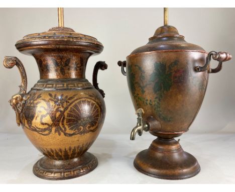 A Regency style samovar lamp base, 56cm high, together with and urn lamp base, with mask and scroll handles, 53cm high