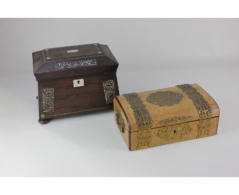 A rosewood and mother of pearl inlaid tea caddy, sarcophagus shaped, 22cm, together with a brass mounted jewellery box, with 
