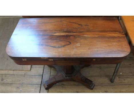 A 19th Century Rosewood folding card table on hexagonal column and platform base