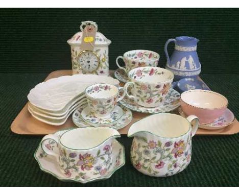 A tray of Minton Hadden Hall tea for two, Minton carriage clock, Wedgwood jasper ware, four Wedgwood leaf plates etc 