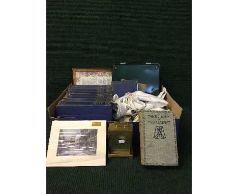 A box of copper framed picture - Newcastle upon Tyne, set of knowledge books, carriage clock, tyepwriter, traction engine etc