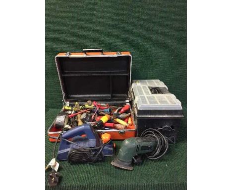 Two tool boxes of hand tools, box of power tools, jump starter, paint sprayer etc 
