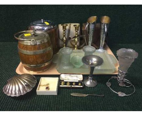 A tray of Art deco trinket set, brass candlesticks, tea caddy, camera etc.