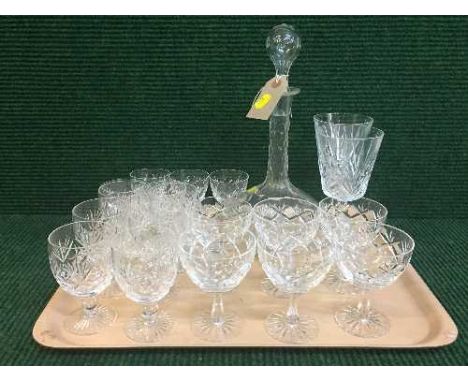 A tray of glass decanter with stopper and assorted crystal glasses 
