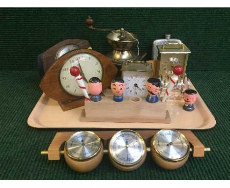 Two mid 20th century mantel clocks, carriage clocks, hip flask, coffee grinder, plated toast rack etc 