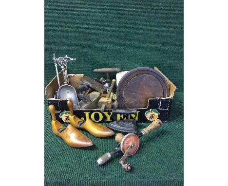 Two boxes of shoe stretchers, hand tools, companion, kitchenalia, brush set, tins, doll, etc 
