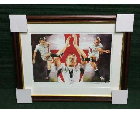 A mahogany framed print - Lion Heart, depicting Johnny Wilkinson, limited edition, signed in pencil together with one other f