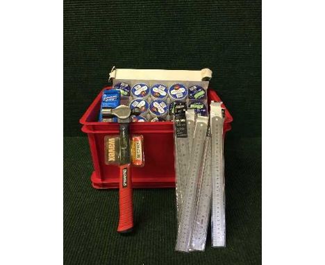 A box of hand tools, metal rules, insulation tape etc