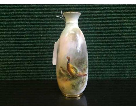 A Royal Worcester vase hand painted with panel depicting pheasant and chick, numbered 2491, signed Jas Stinton, height 14 cm.