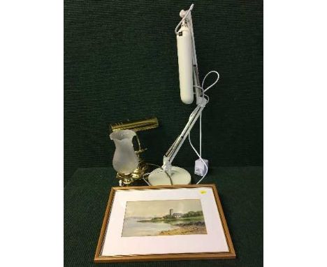 A brass table lamp with glass shade, a brass banker's lamp, angle poise lamp, framed watercolour signed W. Inglis Weir