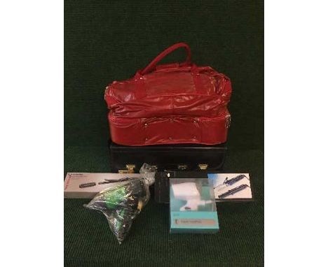 Two boxes of hair dryers, ceramic tong and hair brushes, two leather briefcases, light boards, etc 