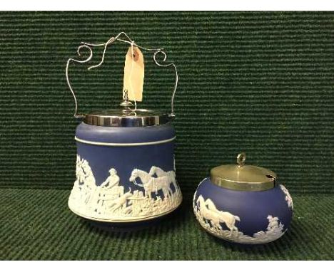 A Wedgwood jasper ware biscuit barrel with matching sugar basin 