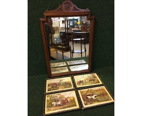 An Edwardian mahogany dressing table mirror together with a set of four framed hunting prints