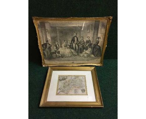 A gilt framed antique map - Gloucester, together with an antique monochome print - HRH Prince console