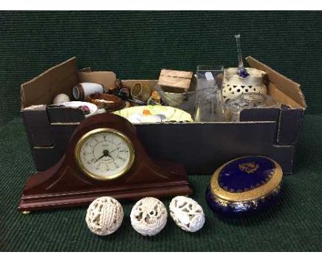 A box of Tiffany style lamp, mantel clock, glass ware, decorative eggs etc 